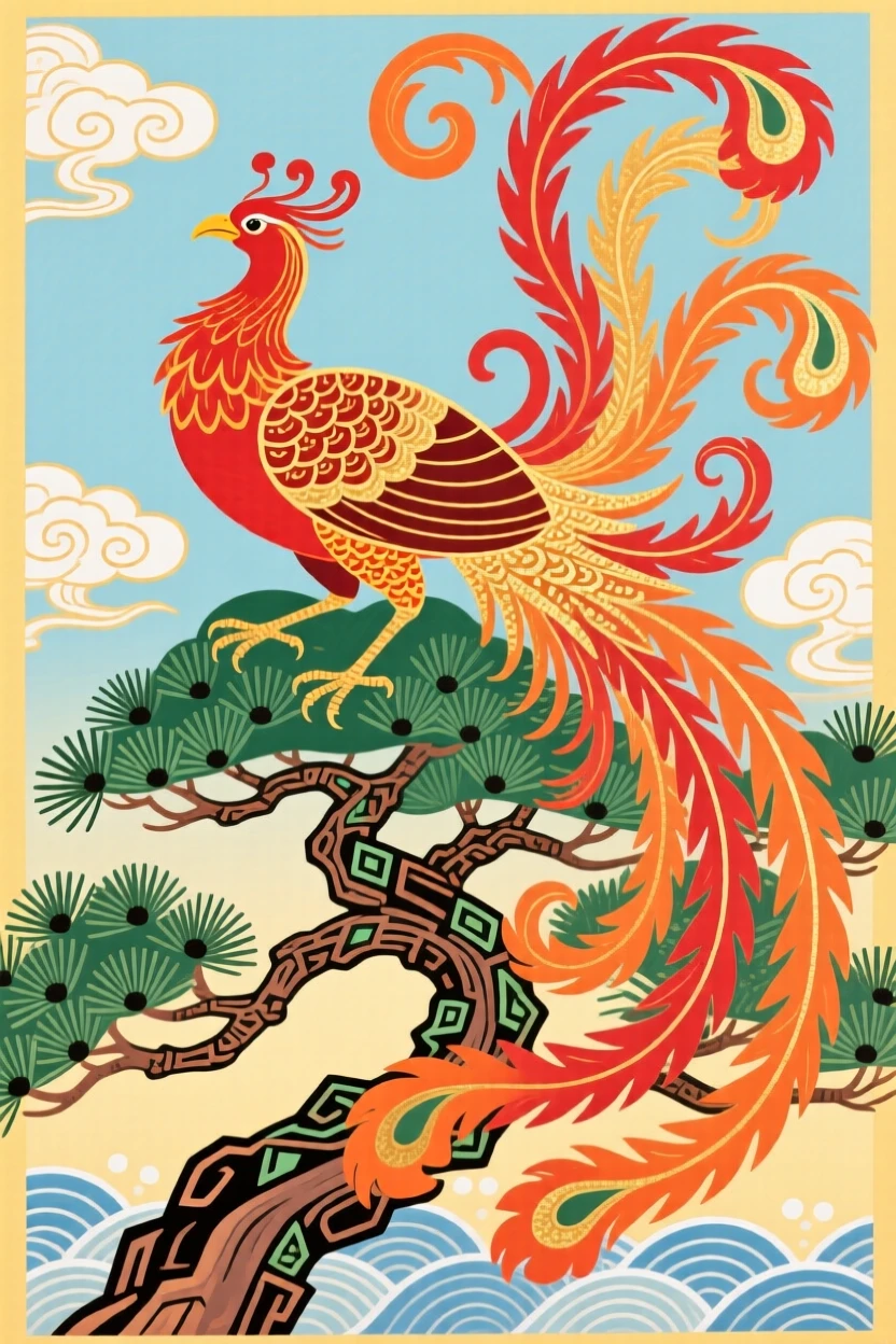 A powerful depiction of a phoenix with flowing tail feathers perched atop an ancient pine.