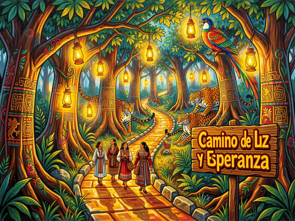A glowing lantern-lit path through an enchanted forest