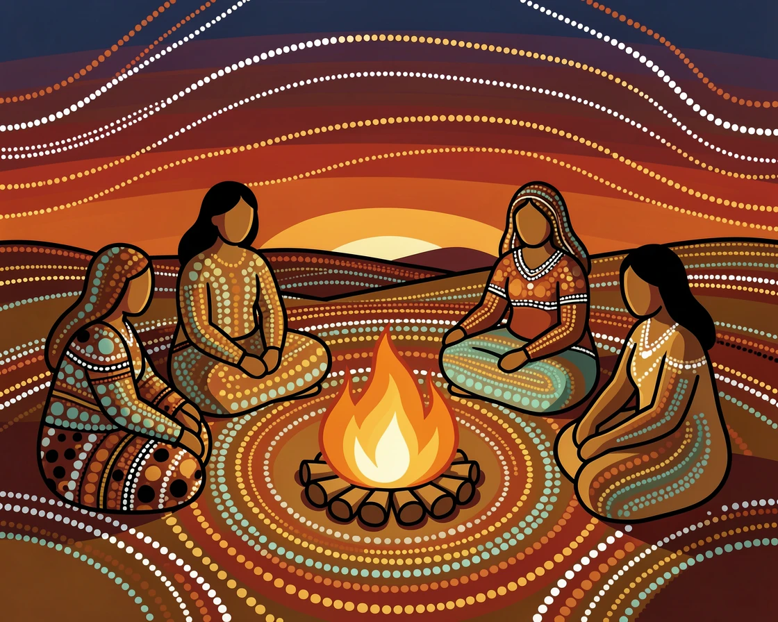 A family gathered around an evening campfire at sunset