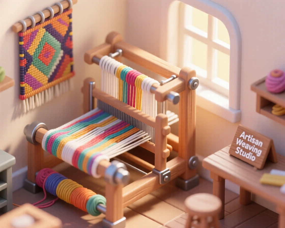 A weaving loom set up in a sunny room, colorful yarn crossing in a pattern, a half-finished tapestry taking shape.