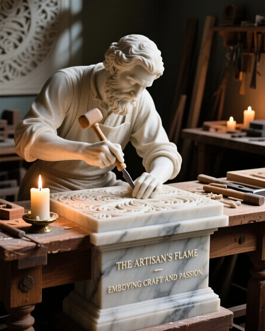 A vivid, emotionally rich scene of an artisan carving intricate patterns by candlelight, surrounded by soft, glowing light, designed to captivate and inspire