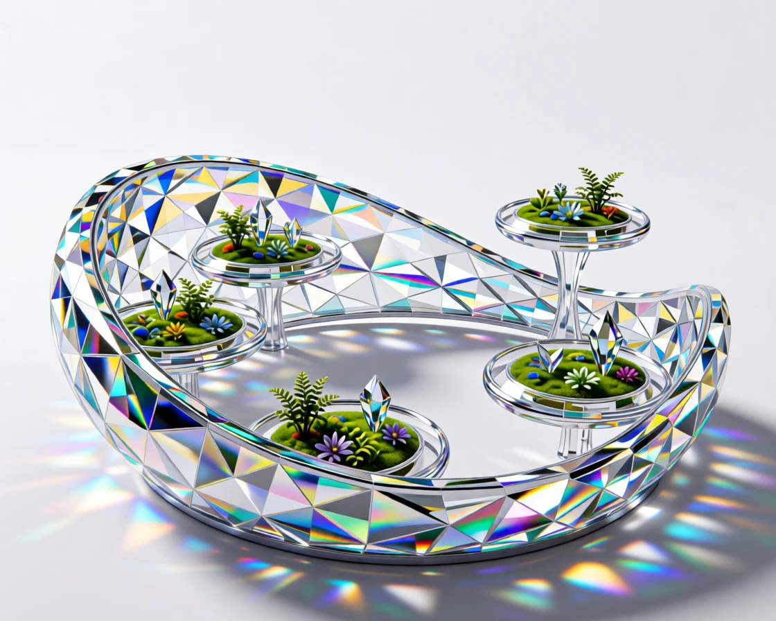 A space colony interior with a curved artificial horizon and floating garden pods.