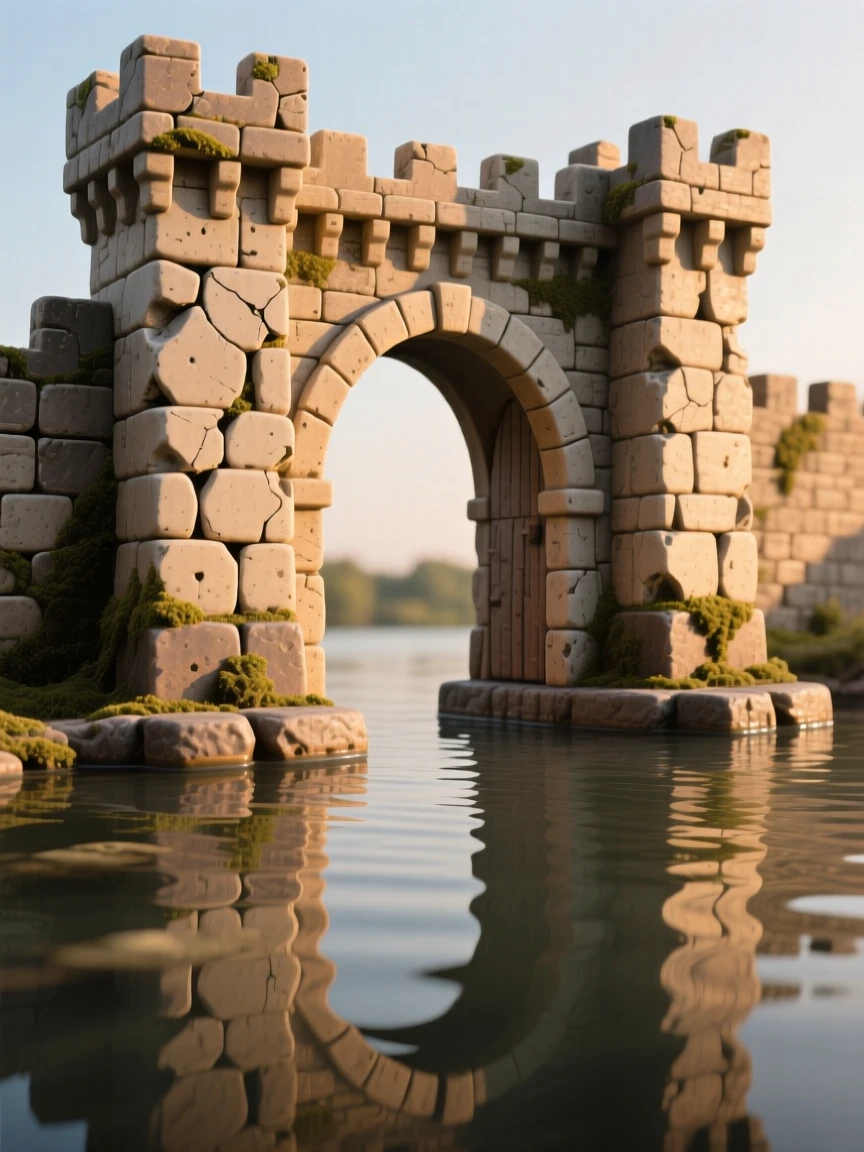 A medieval city gate with weathered stone arches reflected in the still waters below, bathed in the golden light of late afternoon, evoking timeless wonder and quiet grandeur.