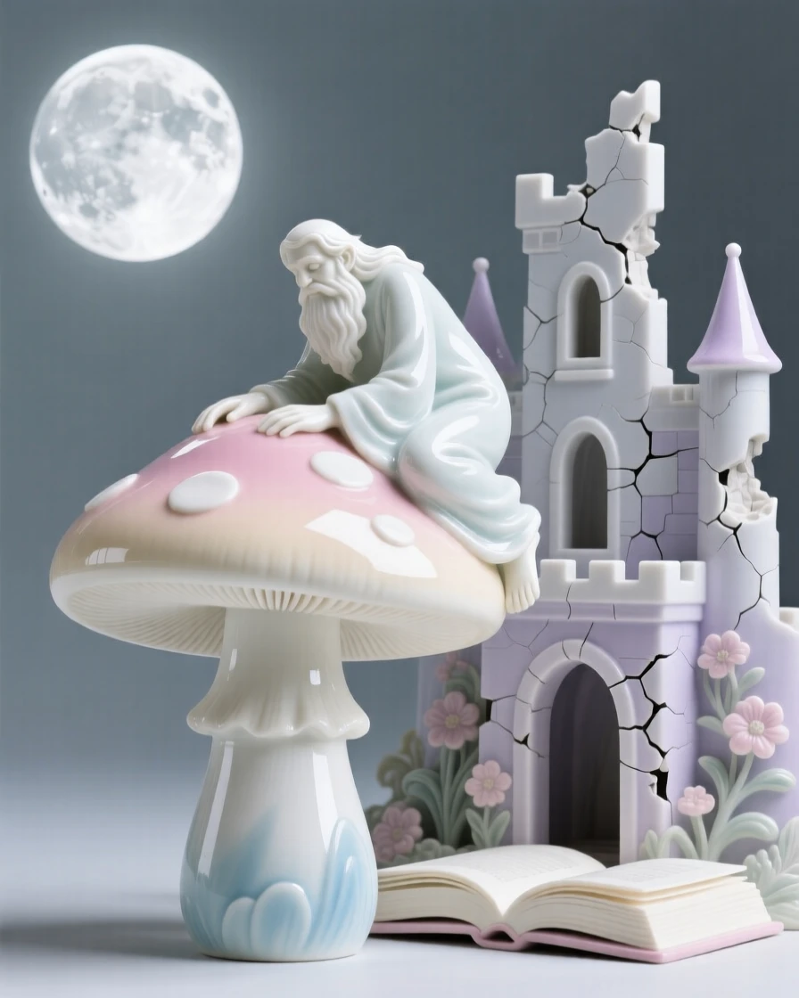 A whimsical scene of a gentle giant perched on a mushroom beneath a glowing moon in a crumbling storybook castle.