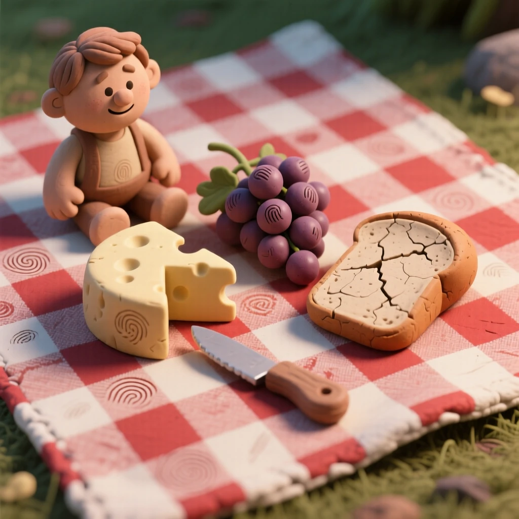 A picnic spread of cheese, grapes, and crusty bread on a checkered blanket