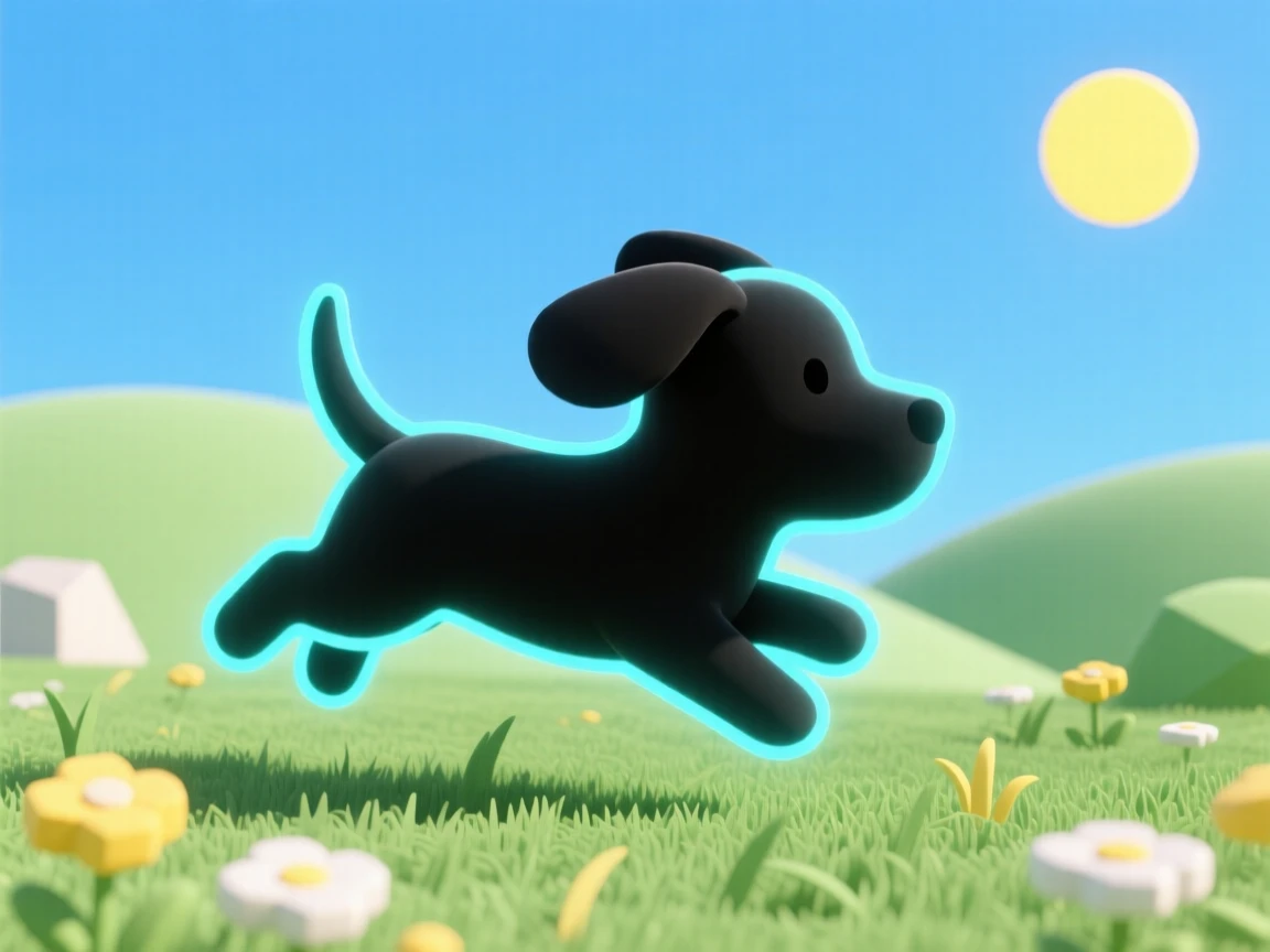 A playful shadow puppy chases its own glowing outline across a sunlit meadow at midday.