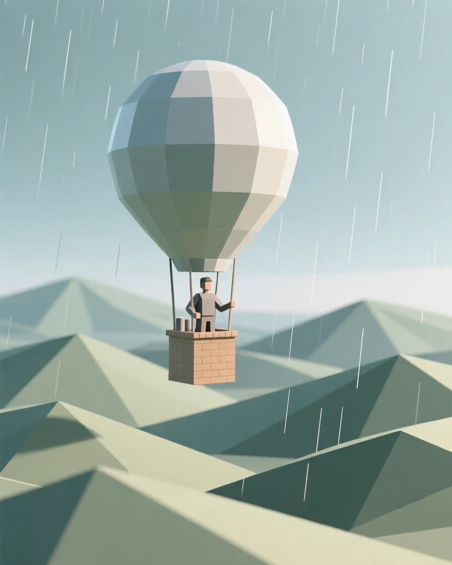 A hot air balloon pilot soaring above rolling hills, on a quiet rainy afternoon. natural light enhances the vibrant colors of the scene. The mood feels adventurous and free.