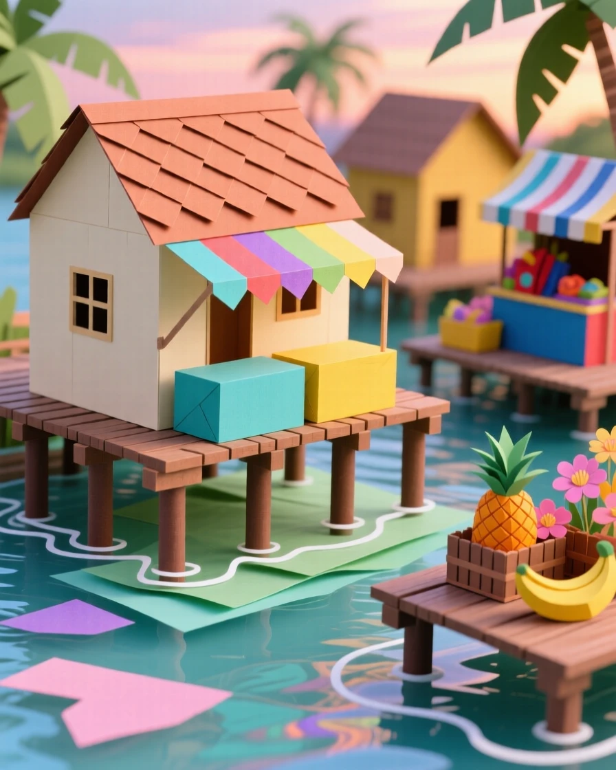 A tropical stilt village over clear water reflecting soft colors in still water nearby, with vibrant market stalls scattered about, evoking quiet, timeless beauty.
