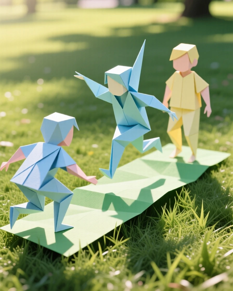 A group of children playing leapfrog across a sunny park lawn.
