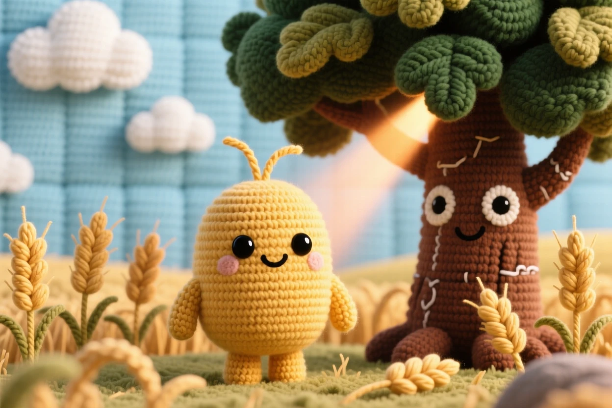 A tranquil view of a rolling wheat field, swaying golden in the late sun, dotted with a single old oak tree, beneath a sky scattered with soft clouds, with a soft beam of light breaking through the trees, evoking a serene, storybook tranquility.