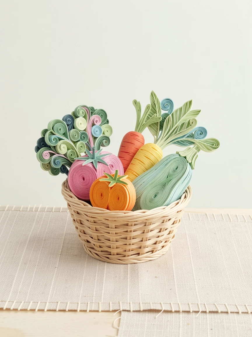 a basket of fresh vegetables from a farmers market, on a linen tablecloth set for a garden party, composed with a clean, minimal negative space background, in bright, cheerful pastel colors.