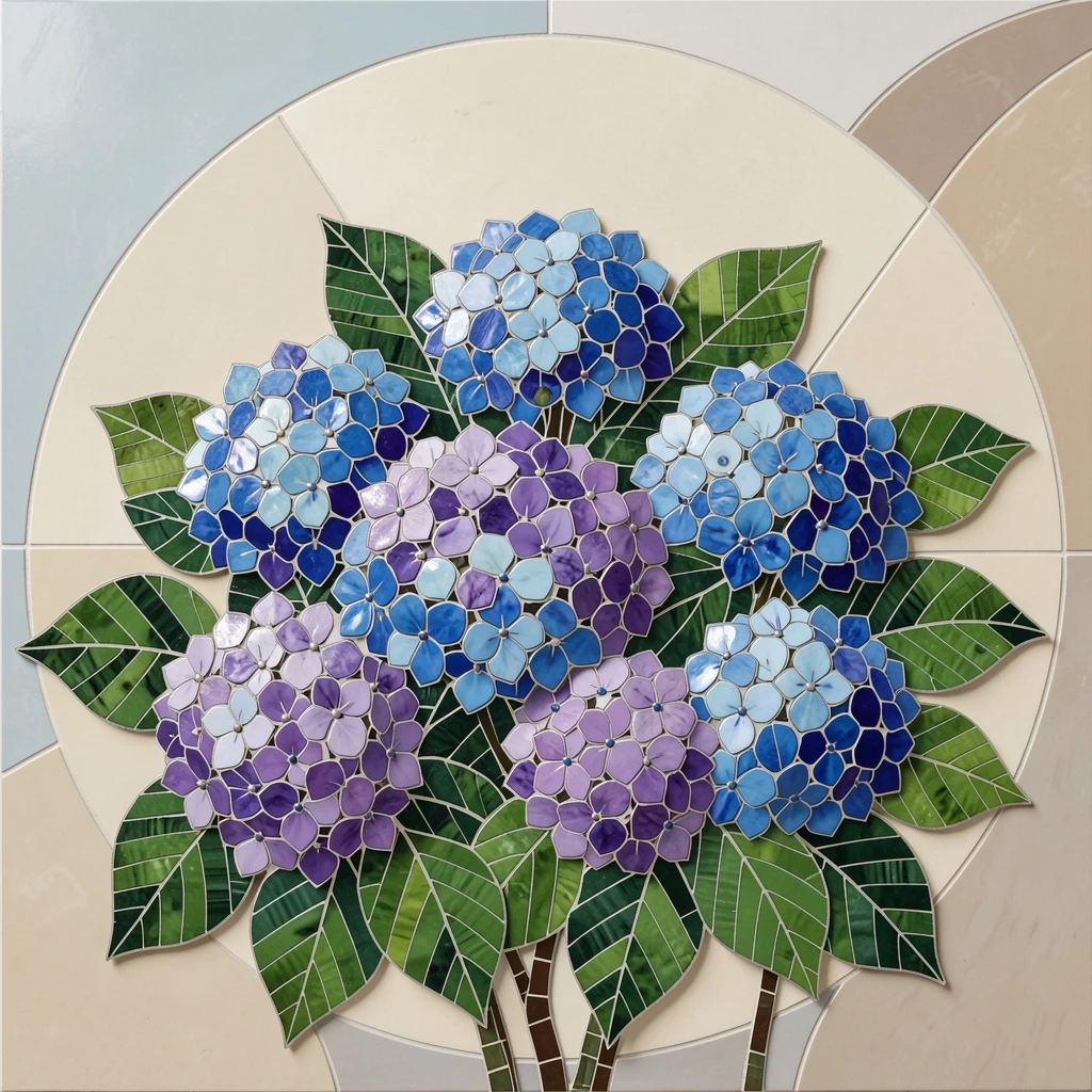 A hydrangea bush covered in blue and purple flower clusters.