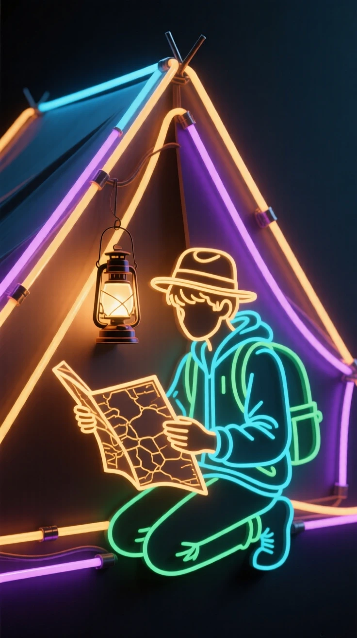 A young explorer studying a map by lantern light in a tent.