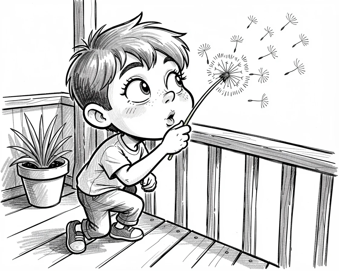 A little boy blowing dandelion seeds on a porch during a warm evening.