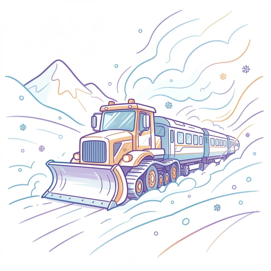 A snowplow train cutting through a heavy winter storm in the mountains.