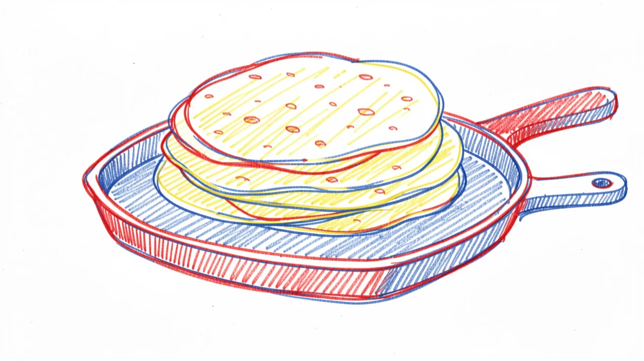 A stack of fresh tortillas warming on a cast iron griddle