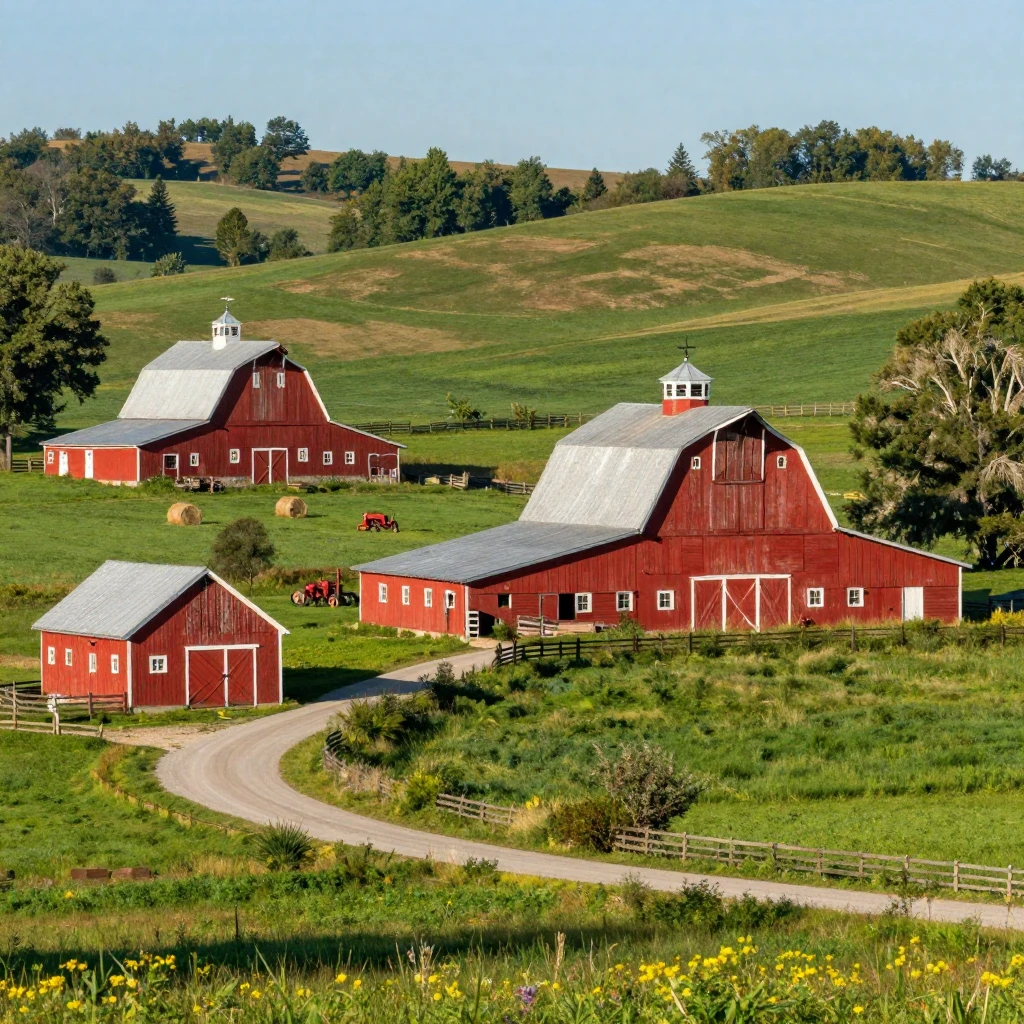 A row of red barns dotting a rural countryside