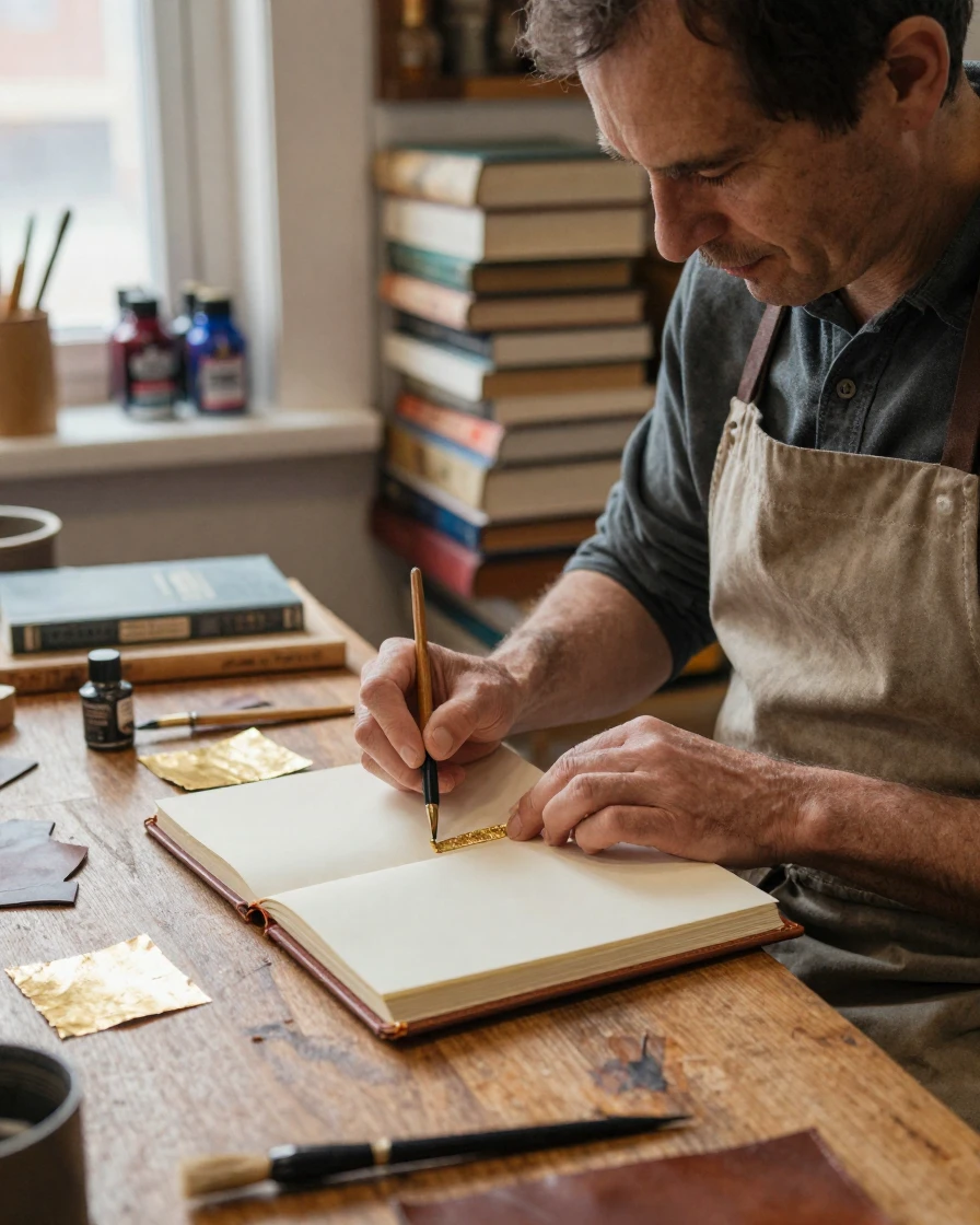 A bookbinder gilds the edge of a finished journal with careful precision.