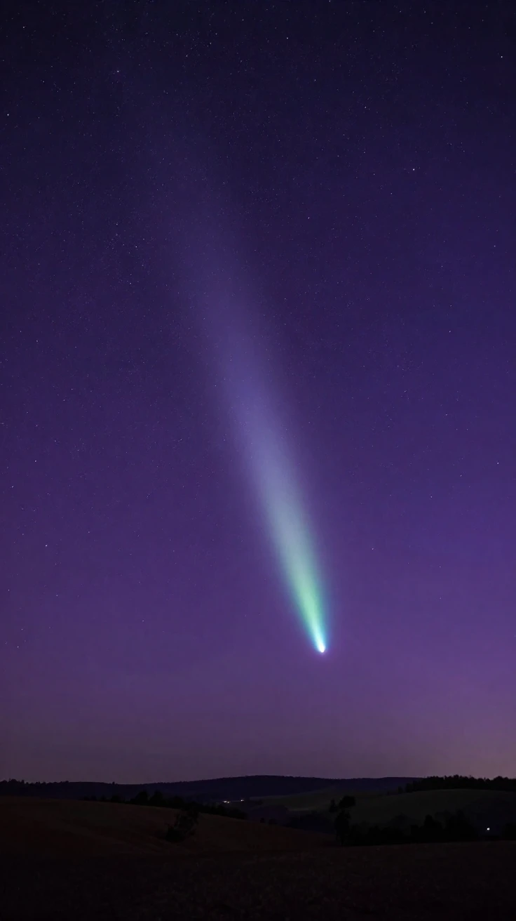 A comet streaking brilliantly across a deep purple night sky