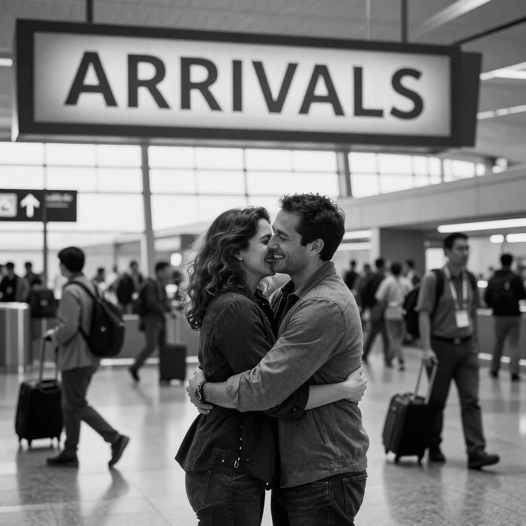 A long-distance couple reunite at the arrivals gate at a busy international airport.