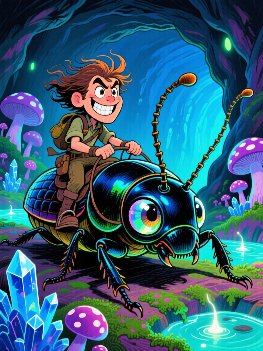 A brave adventurer riding a giant beetle through a bioluminescent underground cavern.