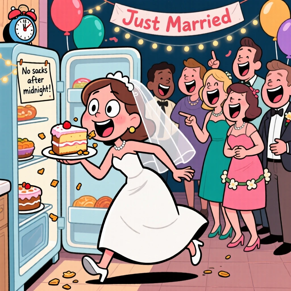 A funny expressive moment showing a young bride trying to sneak a midnight snack and getting caught, as everyone around them bursts into laughter.