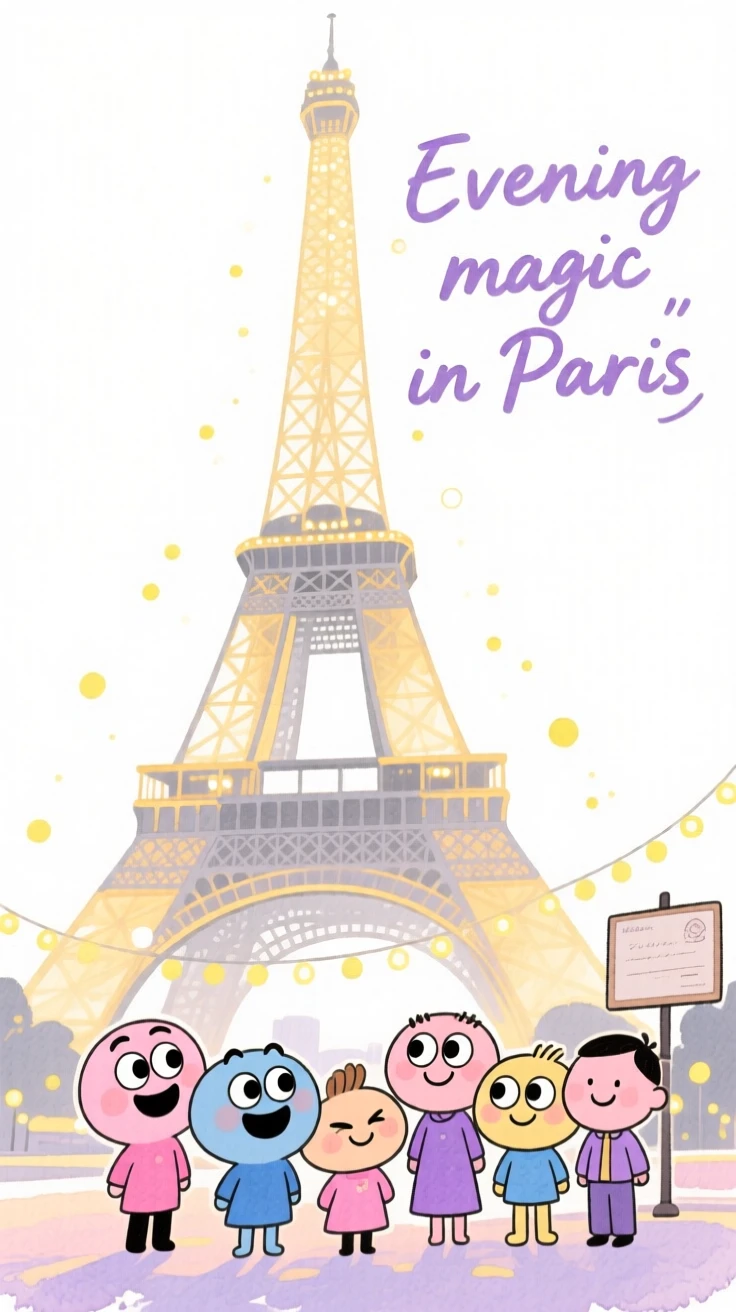A dreamy travel postcard scene of the Eiffel Tower glowing under twinkling evening lights