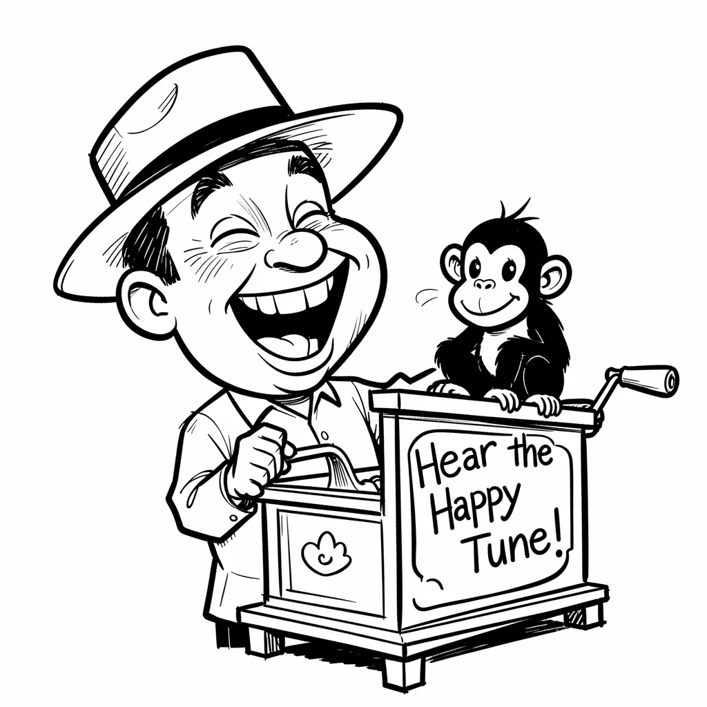 [People Portraits & Characters] Portrait of a cheerful organ grinder caught in a candid laugh, full of personality and charm