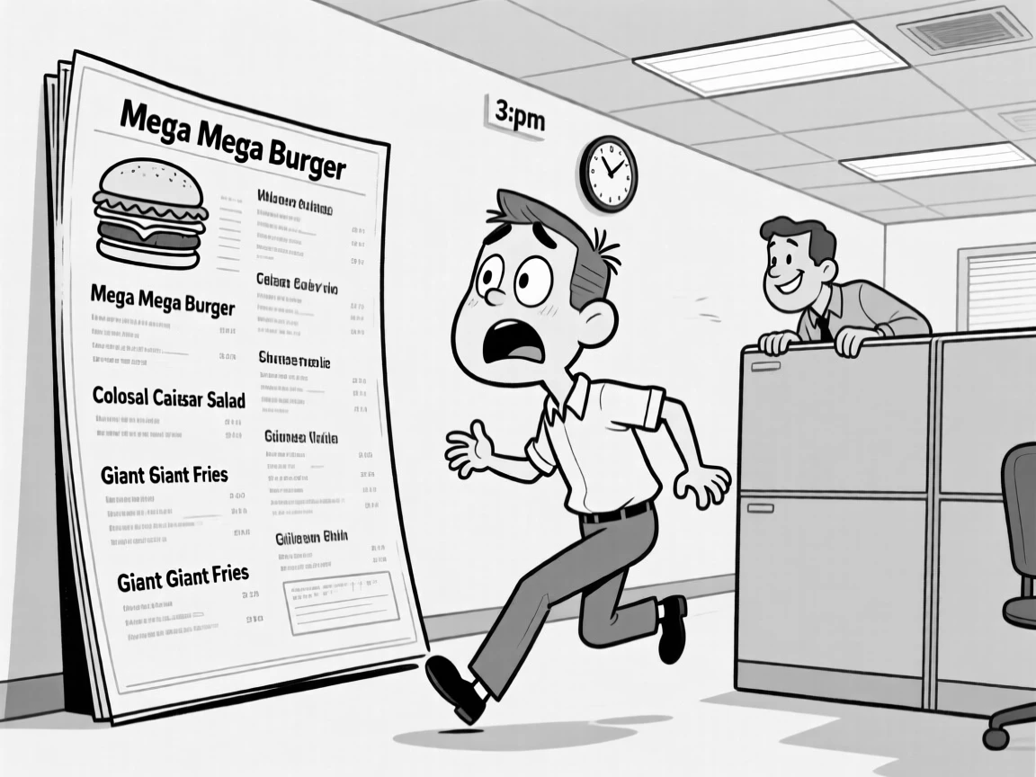 A diner staring in horror at a wildly oversized menu, freezing mid-step in dawning realization, set in a fluorescent-lit office at 3pm. A coworker peeks over a cubicle wall, smirking. It's the kind of relatable blunder everyone secretly recognizes.