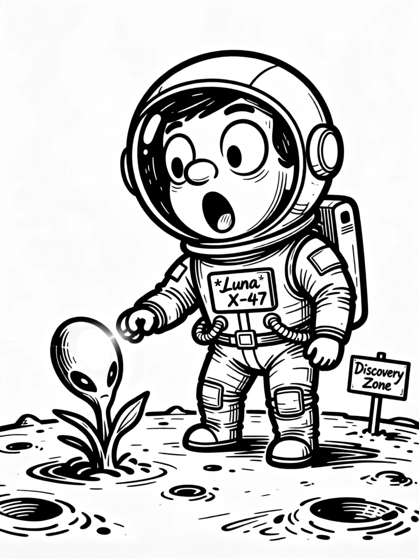 A retro-futuristic astronaut discovering a glowing alien plant on a distant moon.