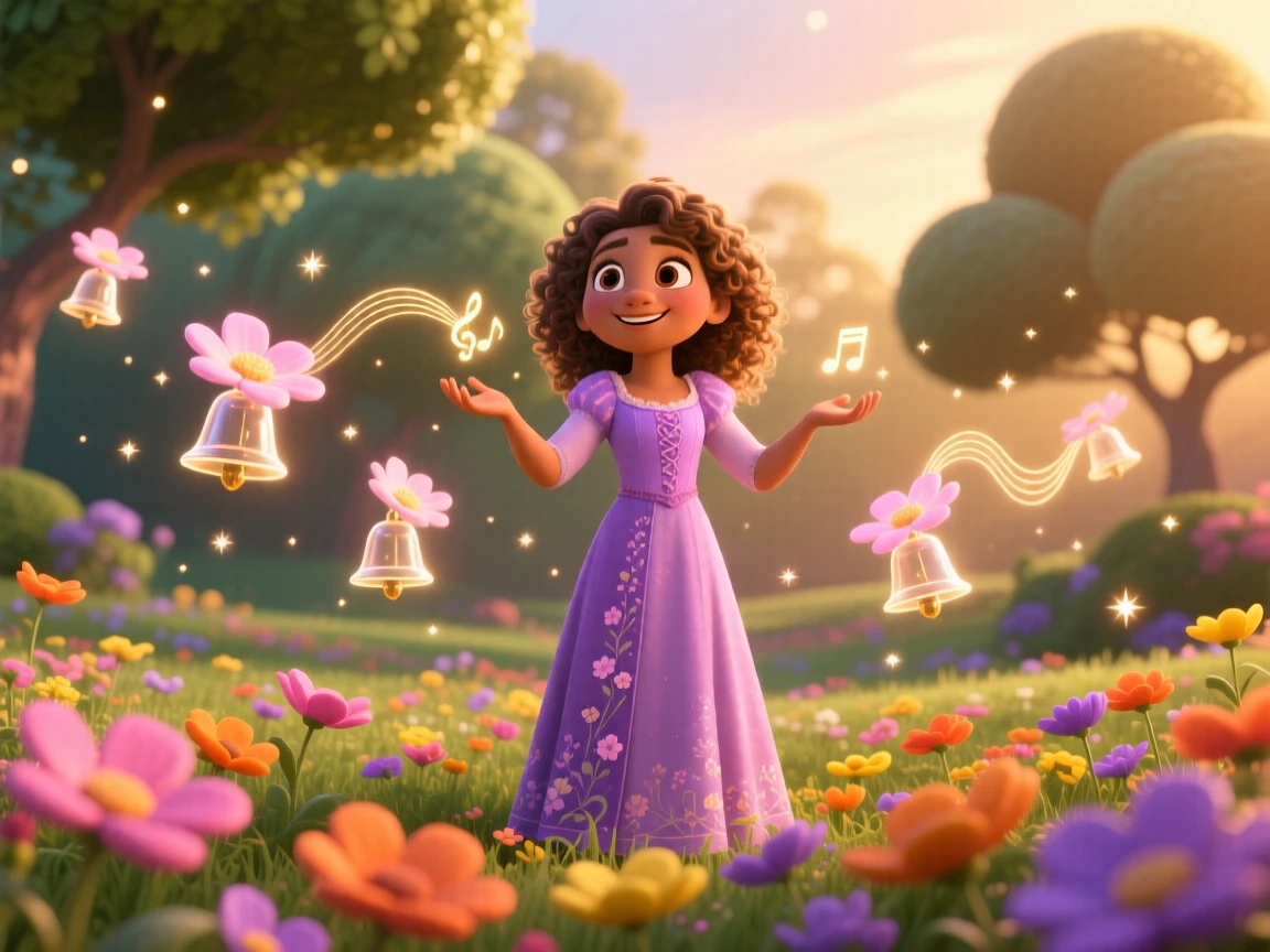 A young sorceress stands in a garden where flowers chime like bells, floating gently above a field of flowers. The atmosphere feels mystical yet warmly inviting, with tiny sparkles drifting through the air.