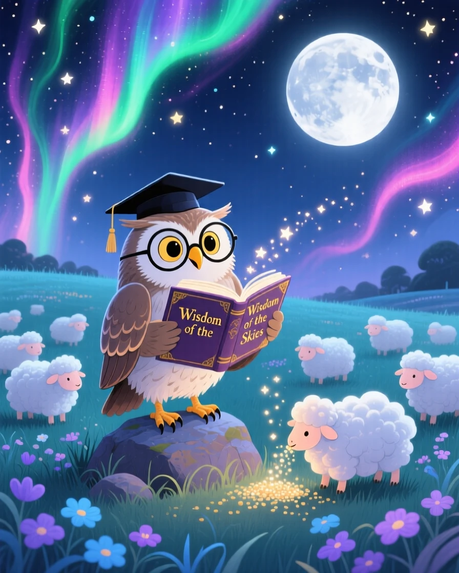 A talking owl scholar pauses from feeding a flock of tiny cloud sheep to marvel at a moonlit meadow, as the northern lights ripple overhead.