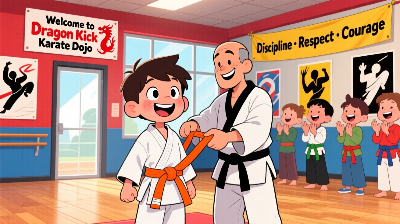 A boy earning his first colored belt at a karate dojo.