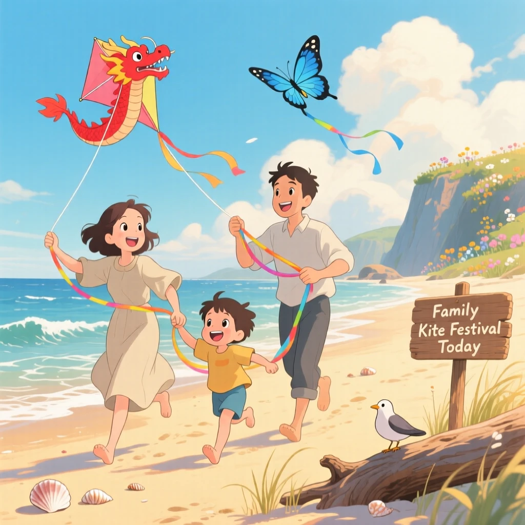 Parents and children flying kites together on the beach, the scene full of gentle love.