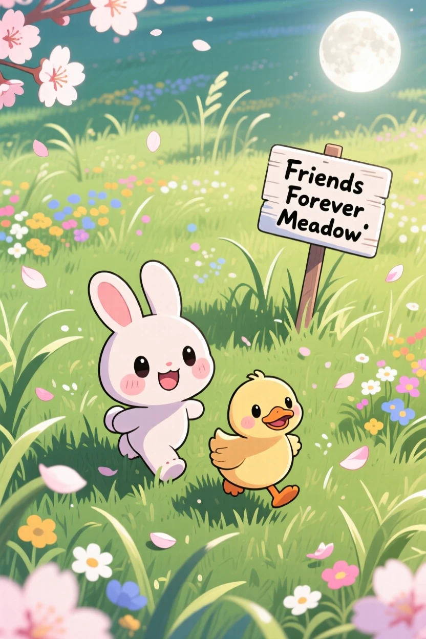 In a sunny farm meadow, a rabbit and a duckling are waddling together through tall grass as cherry blossom petals drift on the breeze, bathed in soft moonlight, expression full of giggling amusement. Shot as a high aerial view.