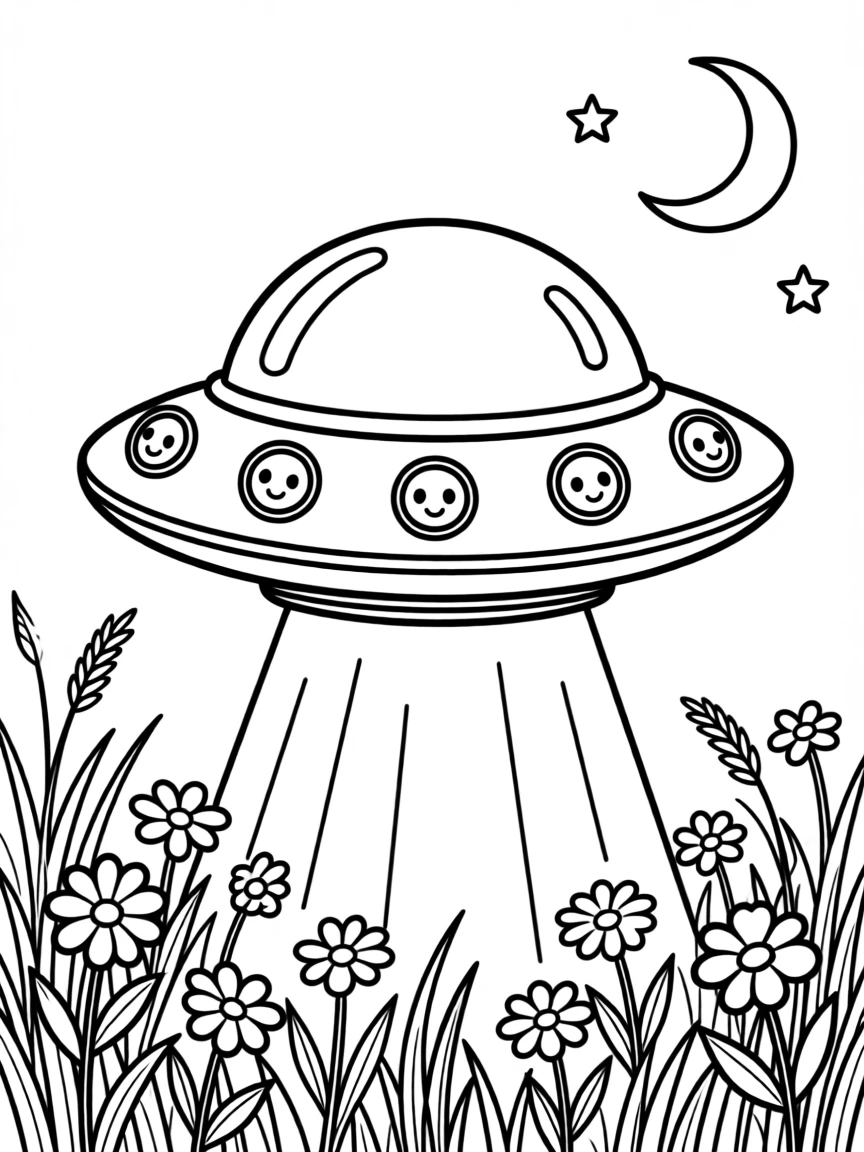 A friendly UFO landing gently in a quiet meadow at night
