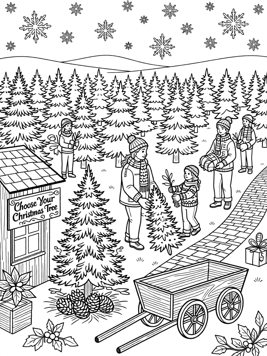 A Christmas tree farm scene with families choosing their perfect tree.