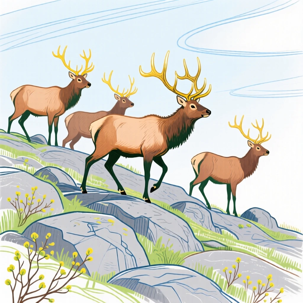 A herd of elk wandering on a rocky hillside in early spring.