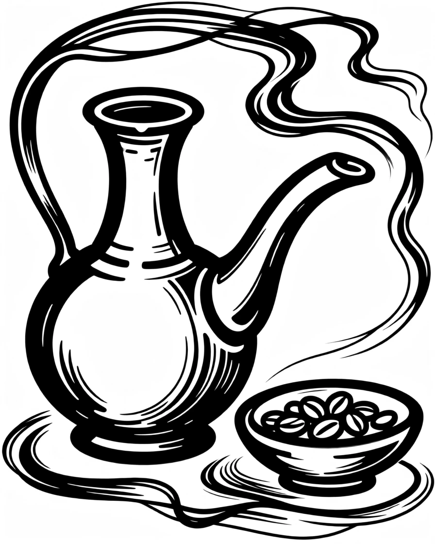 A traditional Ethiopian coffee ceremony with roasted beans and a clay pot.