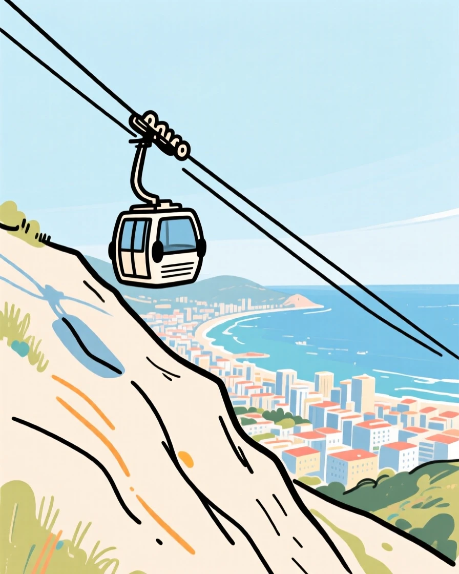 A cable car climbing a steep hill overlooking a coastal city.