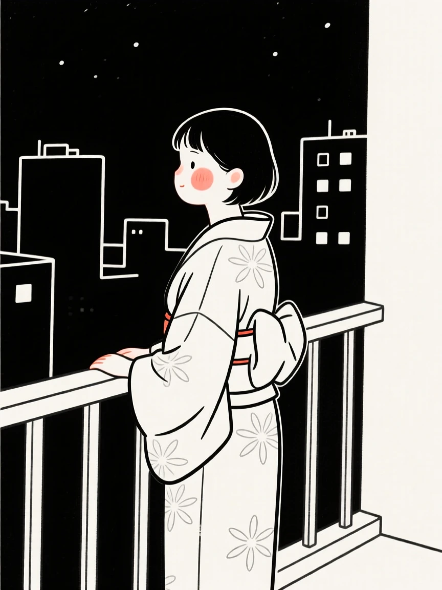 A young woman wearing a traditional kimono, on a city balcony at night.