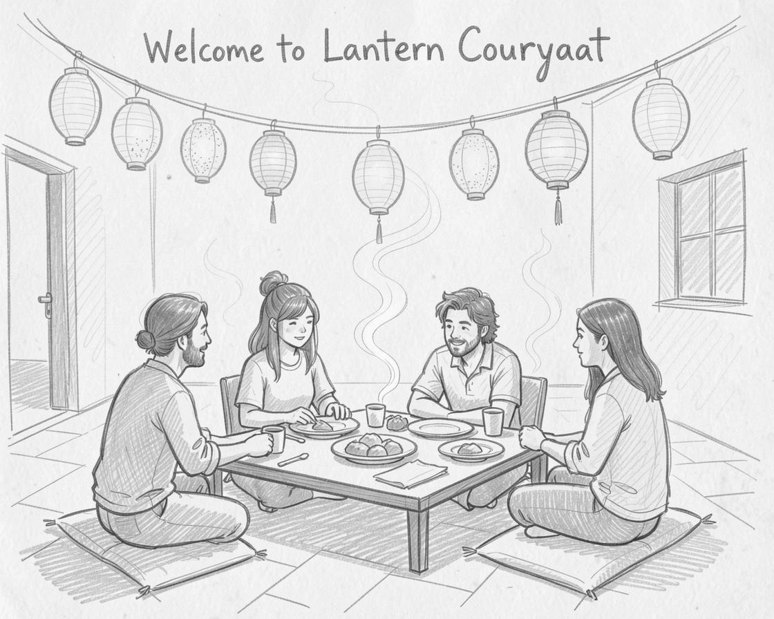 A rich travel moment capturing friends sharing a meal beneath strings of lanterns in a warmly lit courtyard, with incense smoke curling gently upward.