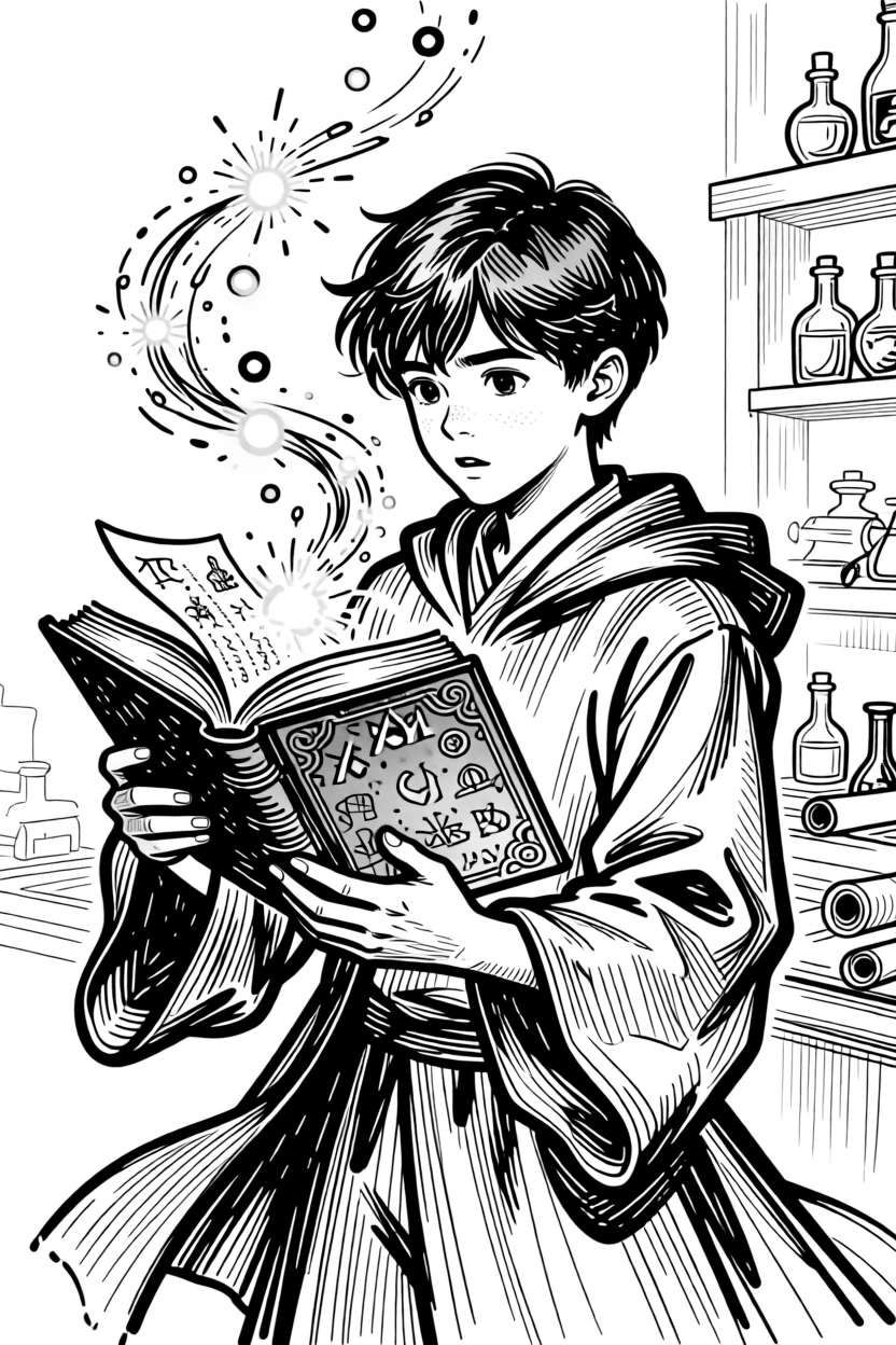 A young wizard's apprentice conjuring sparks of light from an open spellbook.