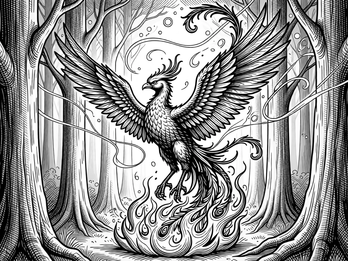 A phoenix rising in a burst of flame within a forest of towering luminous trees, with wisps of magical light drifting through the air, forming a quietly wondrous fantasy scene.