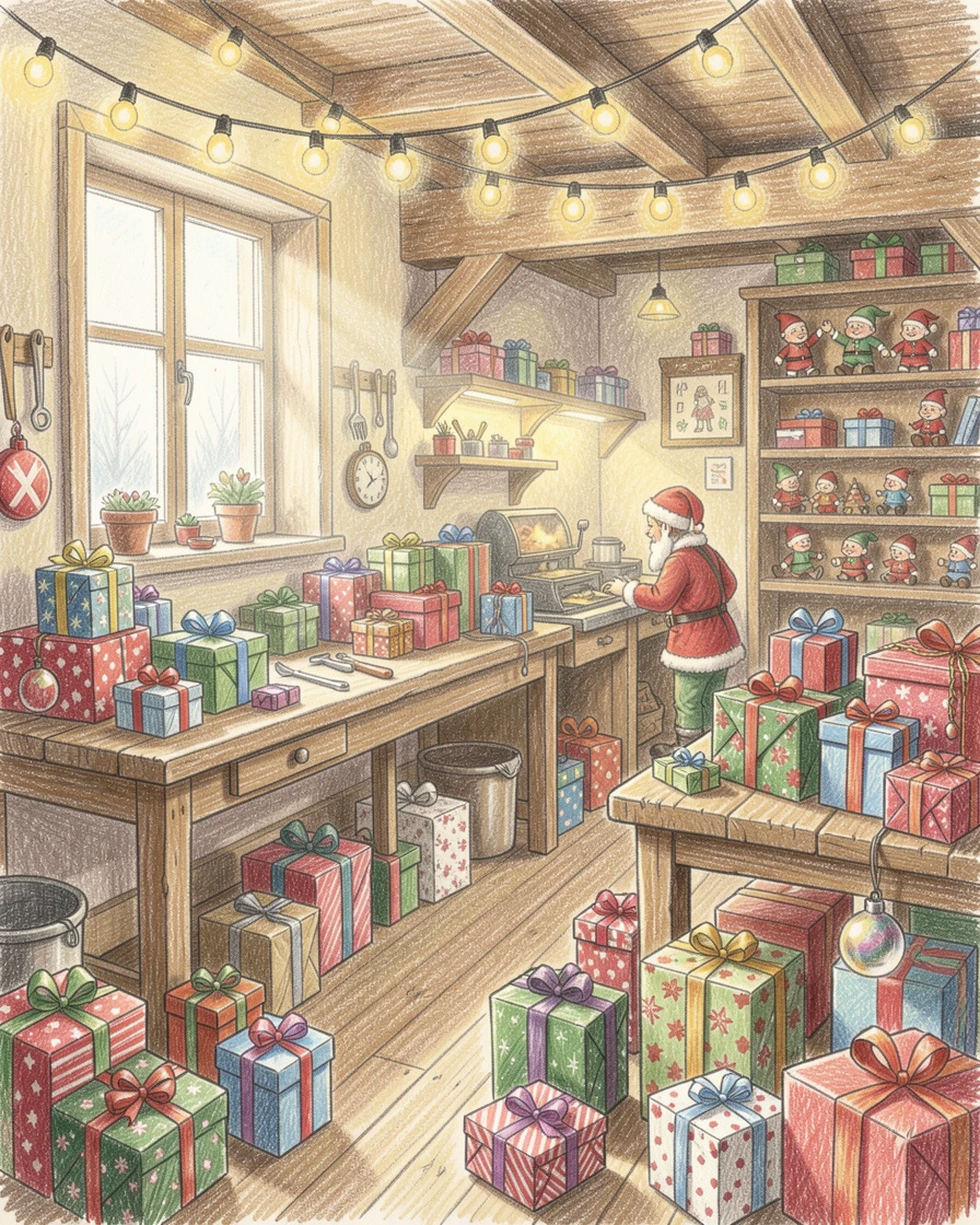 Santa's workshop bustling with wrapped gifts and glowing lights, with soft, natural light bringing warmth to every detail, evoking nostalgia and a deep sense of contentment.