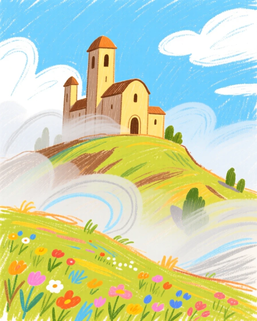 A hillside monastery wrapped in morning mist.