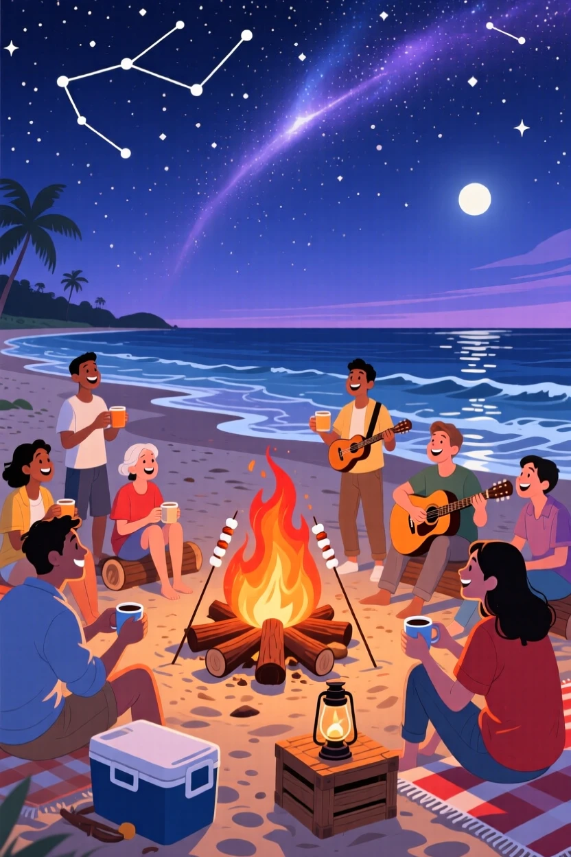 A vibrant beach bonfire gathering under a starry sky, with gentle waves lapping at the shore nearby, framed to showcase both intimate detail and grand scale, with a joyful, adventurous atmosphere.