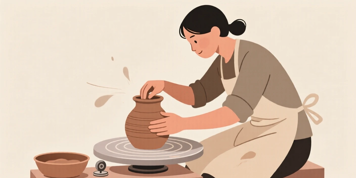 A person practicing pottery, shaping clay on a spinning wheel.