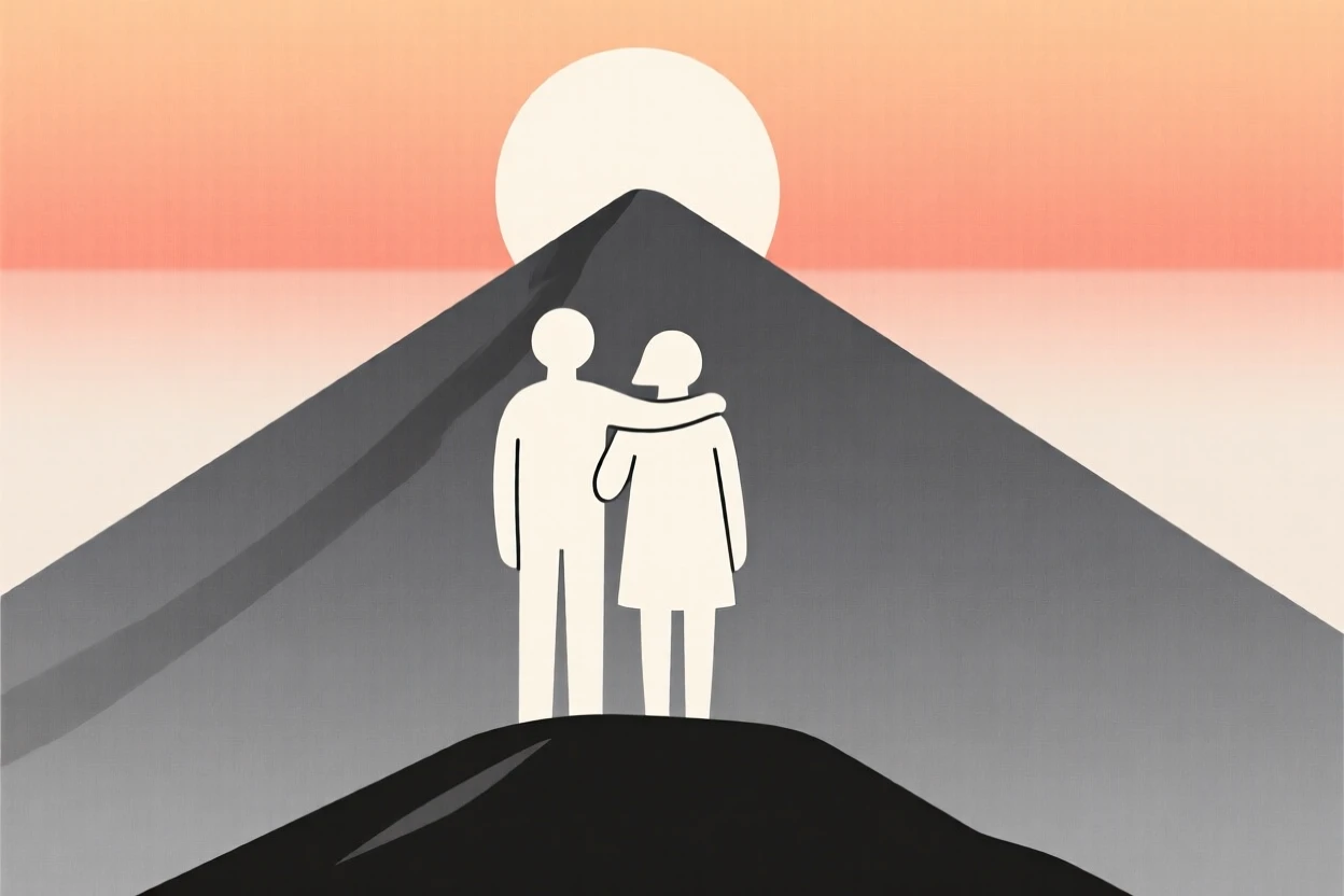 A pair of best friends standing in a mountain summit, embodying a feeling of bittersweet farewell, with fading sunlight nearby.