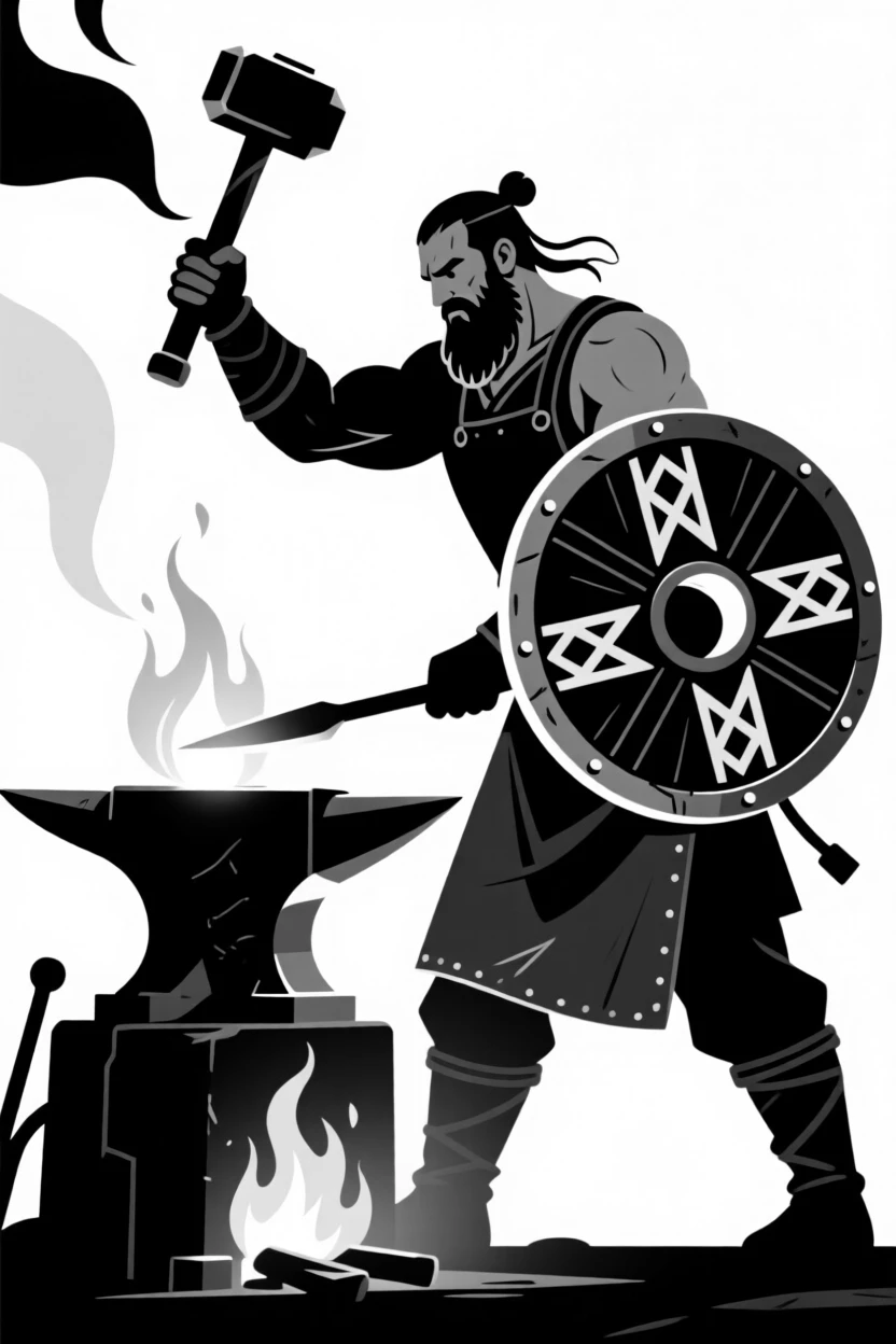 A Viking blacksmith forging a shield by firelight.